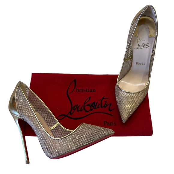 Christian Louboutin Follies Resille Glitter Fishnet High Heels Pumps Gold 8.5 - Picture 2 of 16